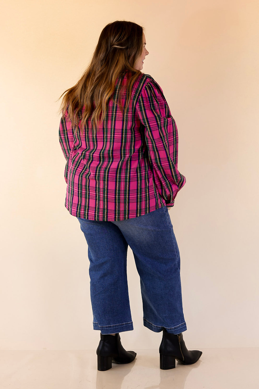 Mud Pie | Mitzy Plaid Babydoll Top with 3/4 Balloon Sleeves in Pink