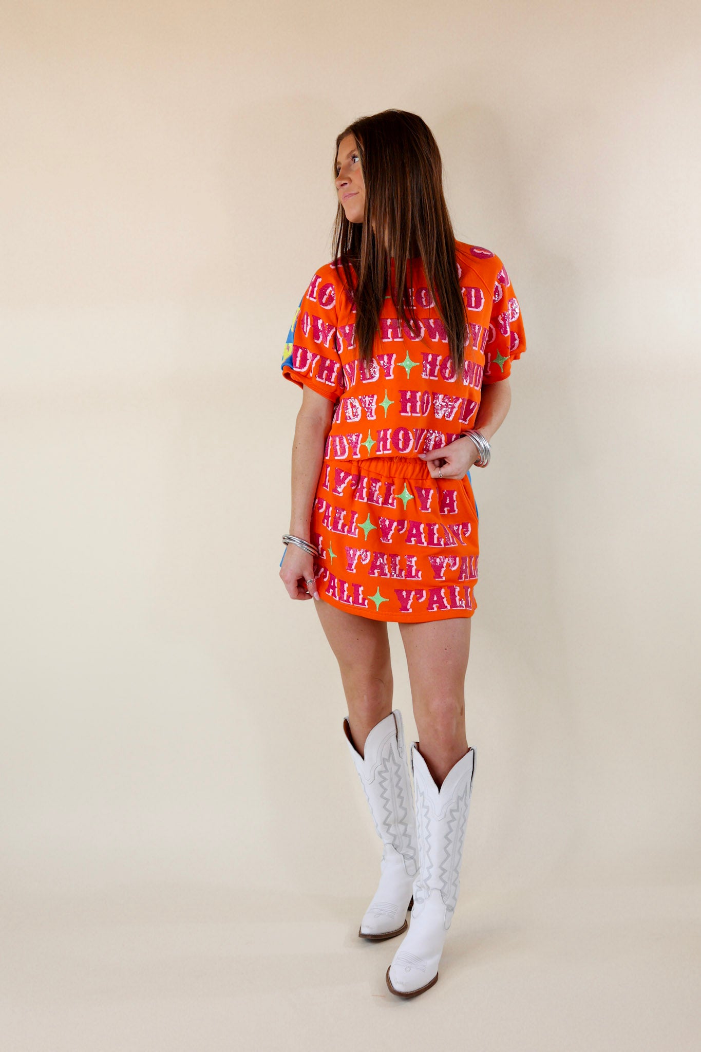 Queen Of Sparkles | Howdy Y'all Graphic Colorblock Short Sleeve Top in Orange & Blue - Giddy Up Glamour Boutique