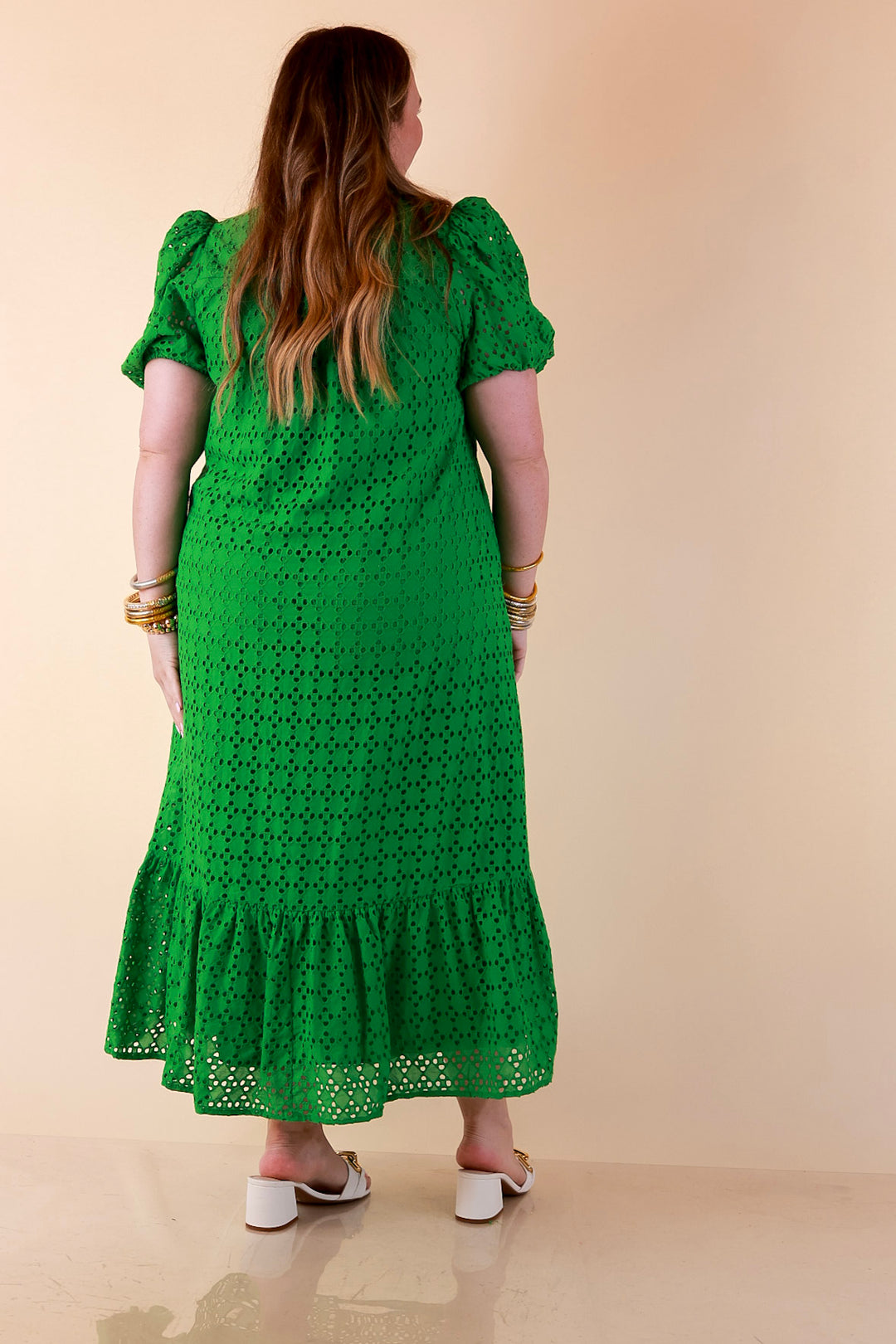 Meet Me at Sunset Eyelet Lace Puff Sleeve Tiered Maxi Dress in Kelly Green
