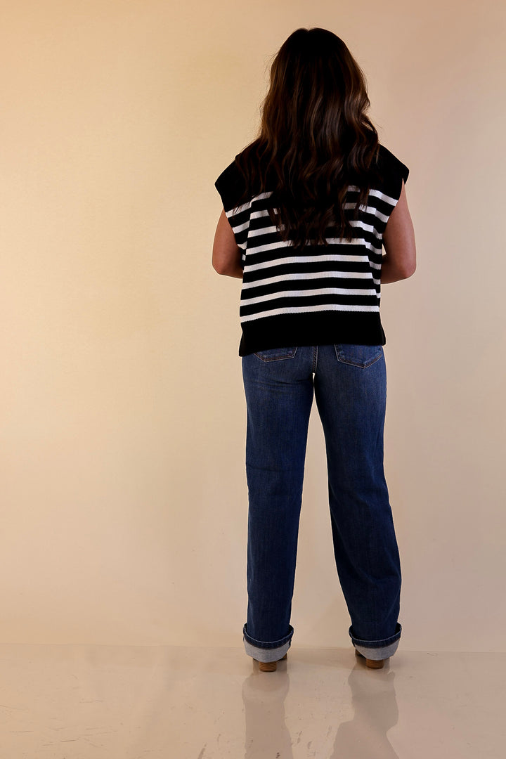 Stripe Things Up Drop Shoulder Knit Sweater in Black with Ivory Stripes