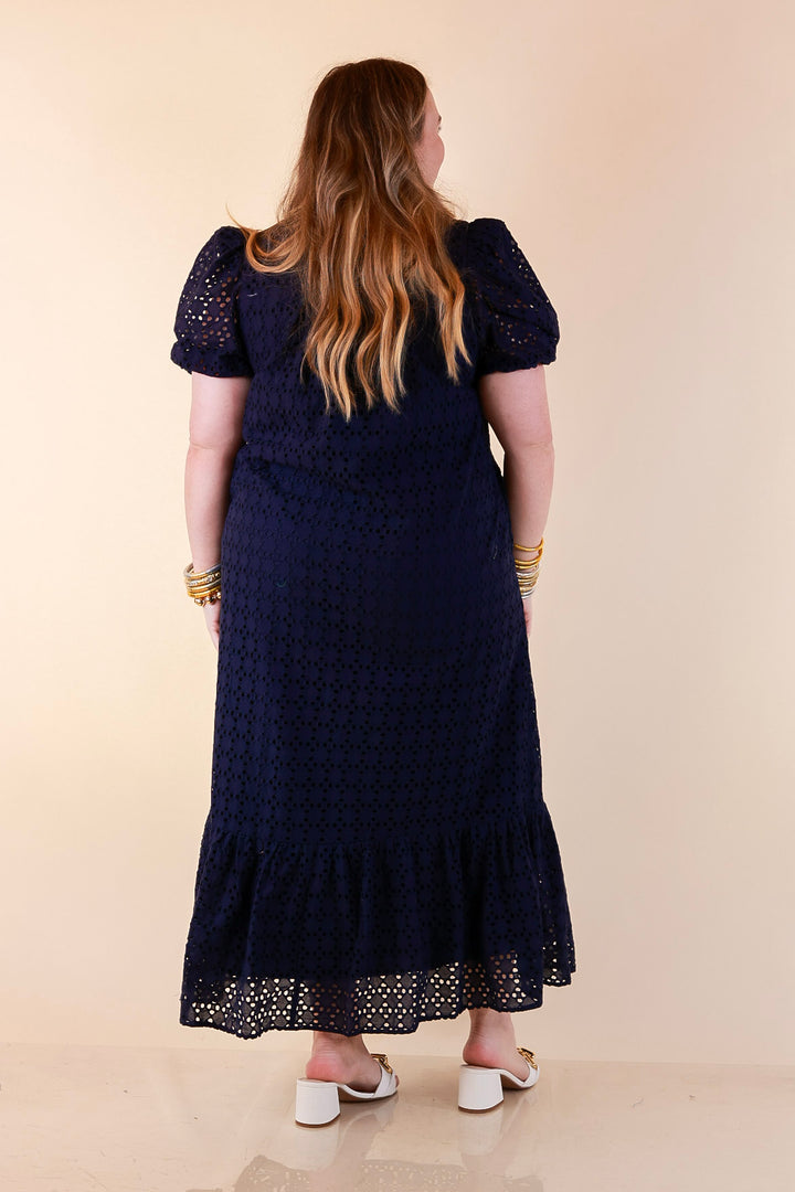 Meet Me at Sunset Eyelet Lace Puff Sleeve Tiered Maxi Dress in Navy Blue
