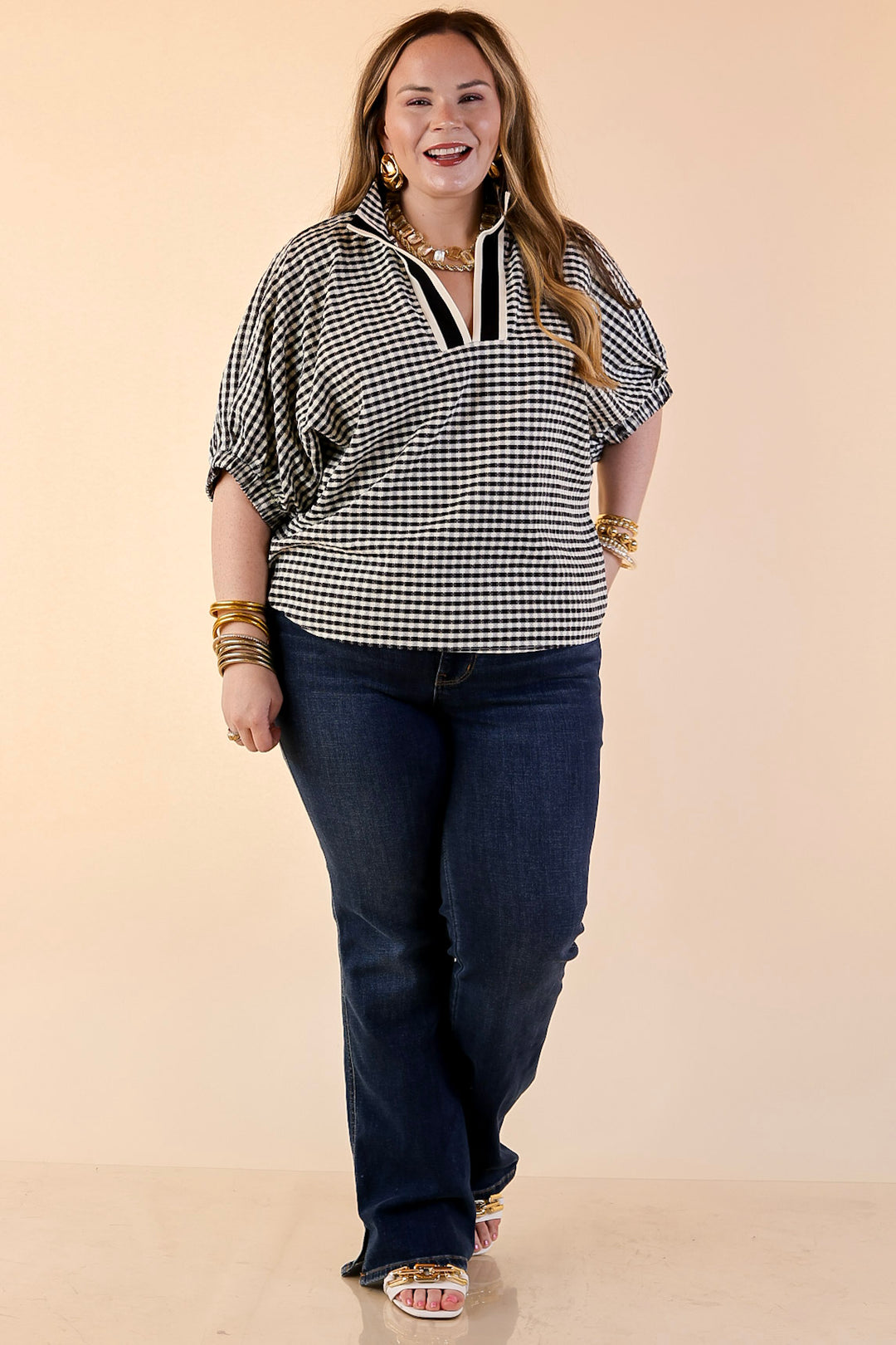 Naturally Stylish Gingham Plaid Top with Contrast Stripe Trim and Short Dolman Sleeves in Black