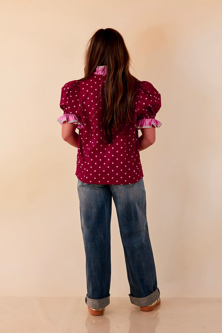 Endless Elegance Ruffled V Neck Polka Dot Print Top in Maroon and Pink