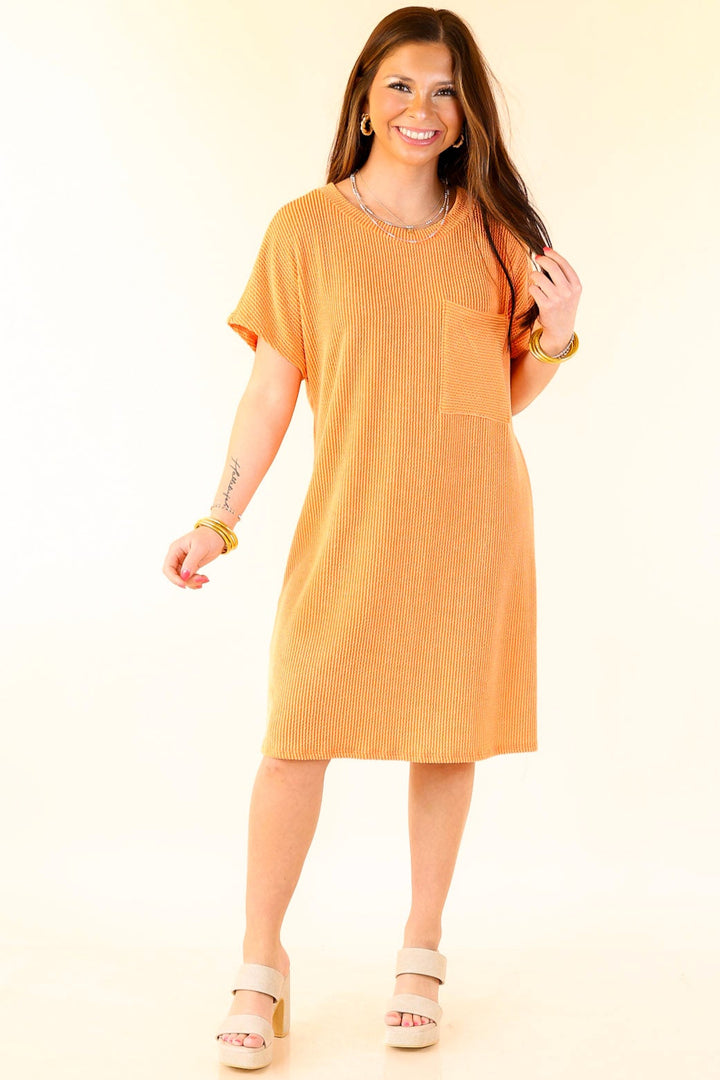 Coffee and Carefree Ribbed Short Sleeve Dress with Front Pocket in Orange
