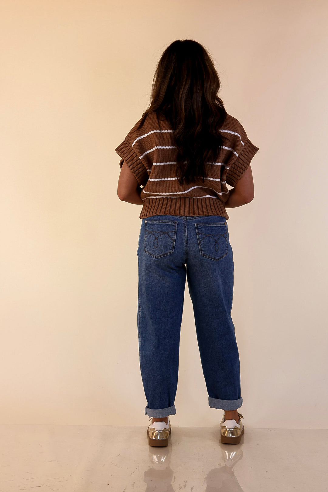 Sweet in Stripes Short Sleeve Striped Mock Neck Sweater in Camel Brown