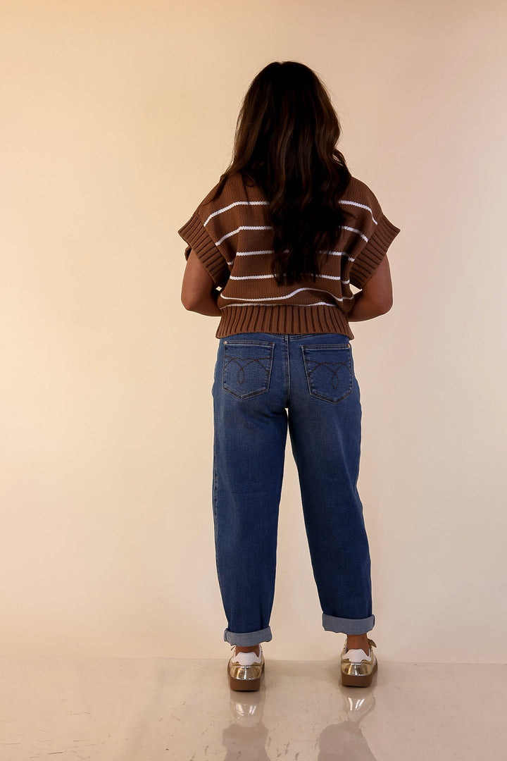 Sweet in Stripes Short Sleeve Striped Mock Neck Sweater in Camel Brown