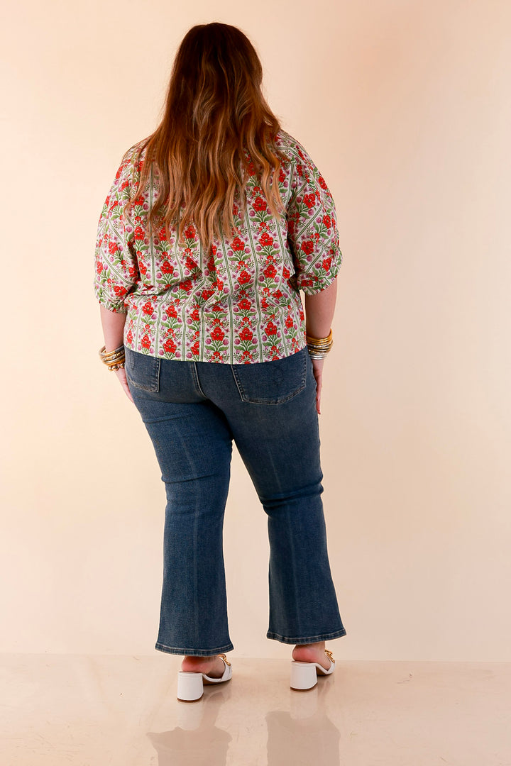 Charming Details Floral Print Button Front Dolman Top with Ruffle Collar in Ivory