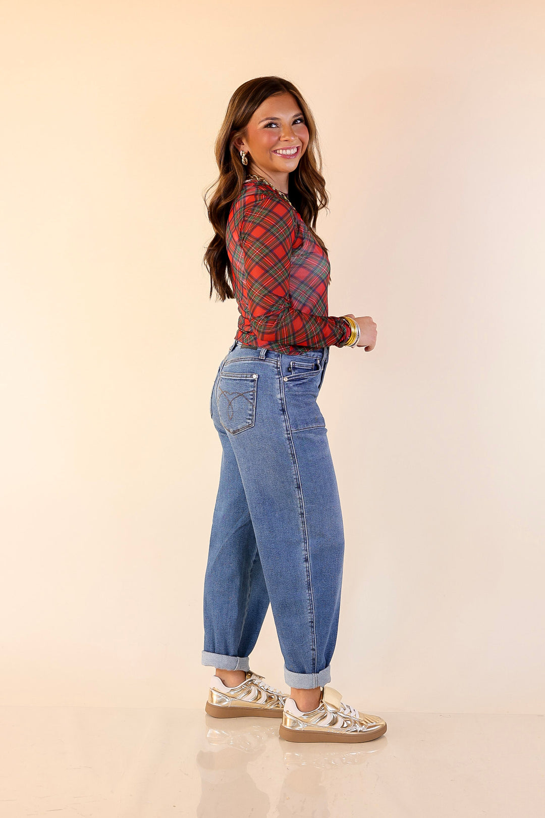 The Perfect Layer Tartan Plaid Print Mesh Long Sleeve Top in Red