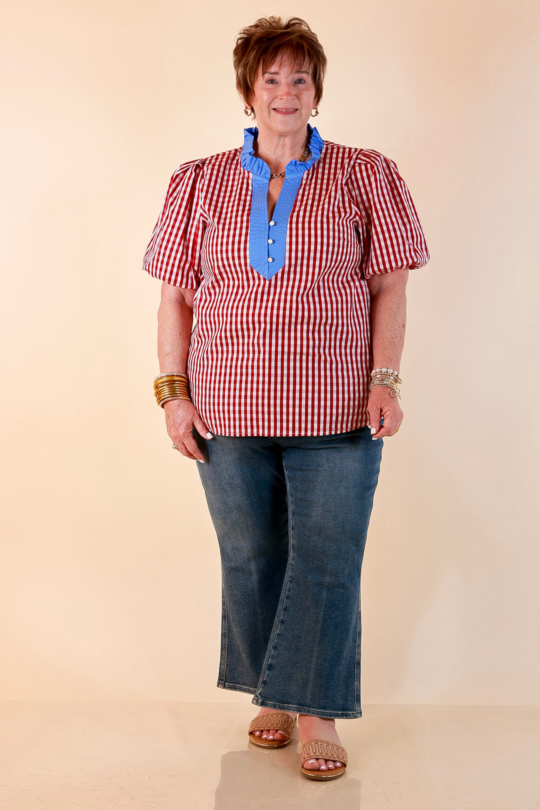 Polished &amp; Playful Short Puff Sleeve Gingham Top with Contrast Blue Trim in Red and White