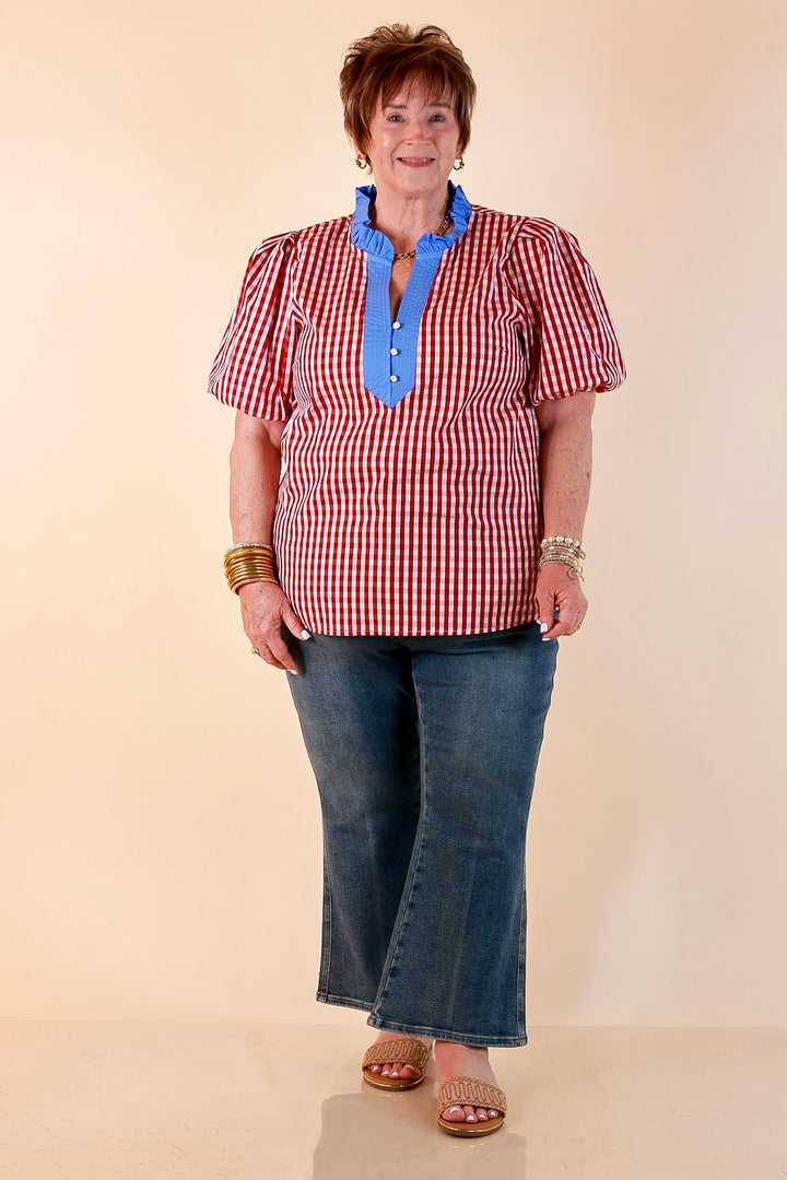 Polished &amp; Playful Short Puff Sleeve Gingham Top with Contrast Blue Trim in Red and White