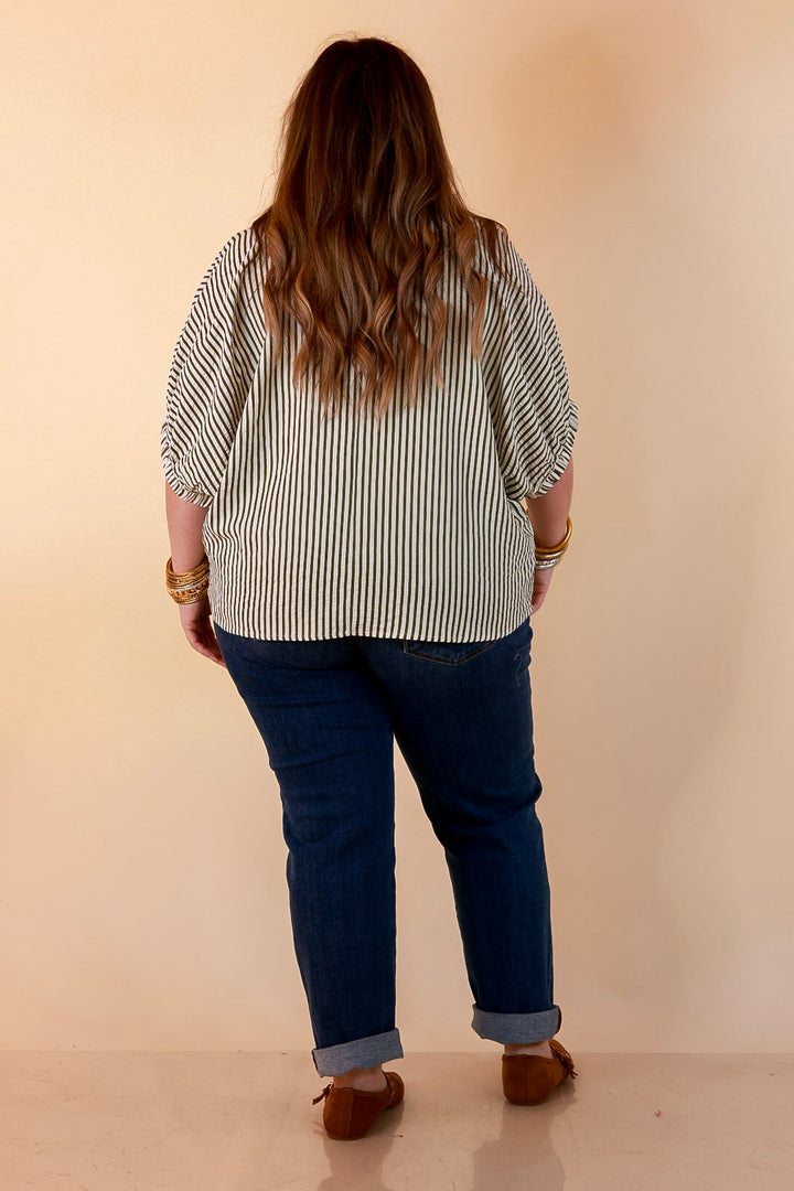 Naturally Stylish Stripe Top with Contrast Stripe Trim and Short Dolman Sleeves in Olive Green