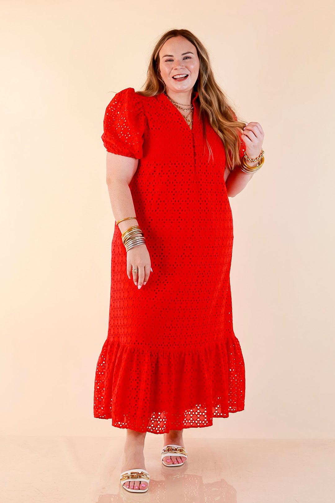 Meet Me at Sunset Eyelet Lace Puff Sleeve Tiered Maxi Dress in Red