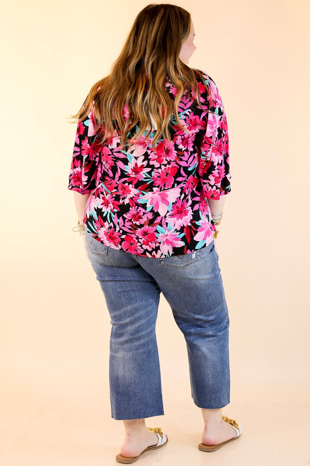 Giving You More Pink Floral Print V Neck Blouse in Black