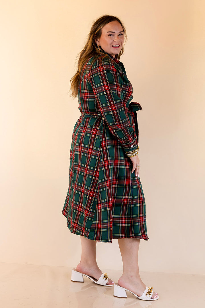 Polished Presence Long Sleeve Plaid Button Up Collared Midi Dress in Green