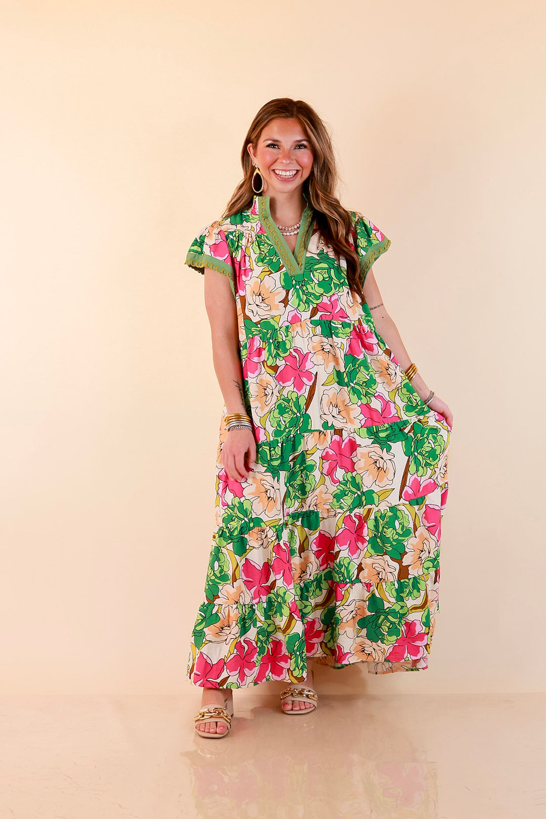 Spring Symphony Floral Print Tiered Midi Dress with Flutter Sleeves in Pink and Green