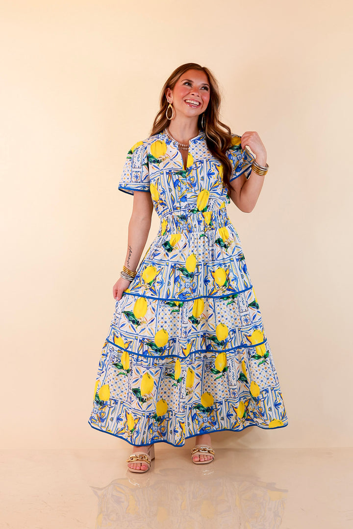 Villa Views Lemon and Tile Abstract Print Tiered Midi Dress in Blue and Yellow