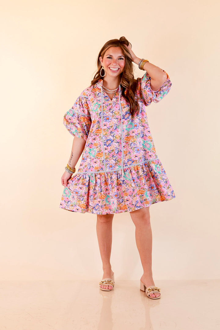 Darling Detail Floral Print Drop Waist Mini Dress with Contrast Trim in Pink Multi