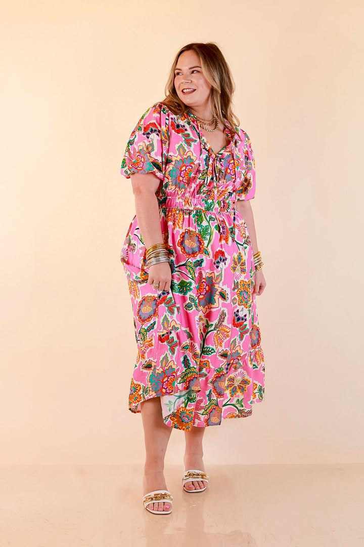 Color Me Happy Floral Print Midi Dress with Tie Neckline and Puff Sleeves in Pink