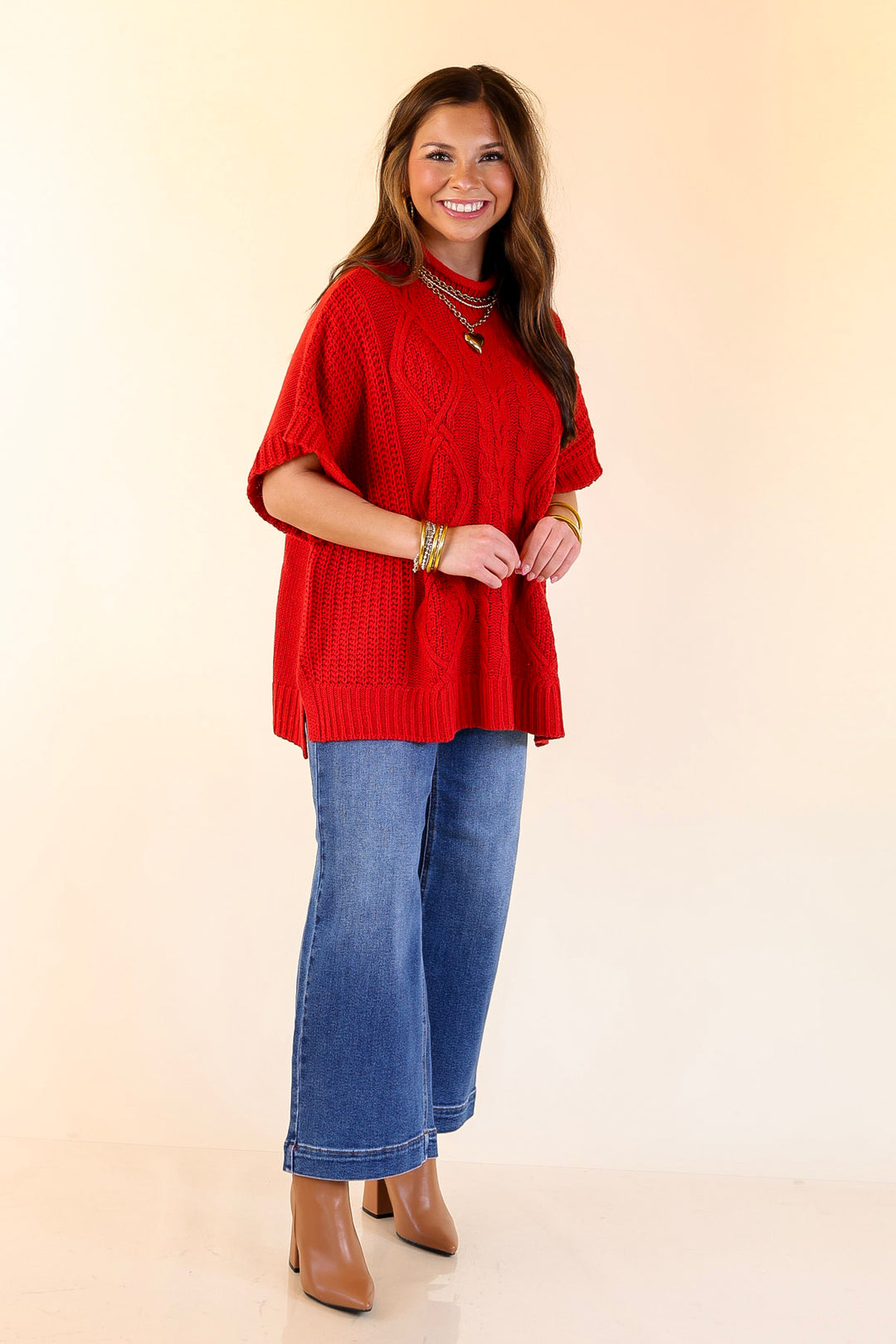 Mud Pie | Claude Oversized Cable Knit Dropped Shoulder Sweater in Red