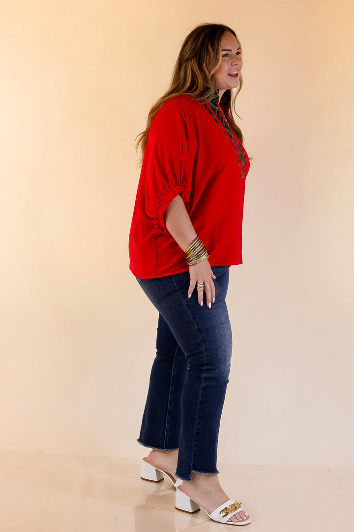 Naturally Stylish Poncho Top with Green Plaid Trim in Red