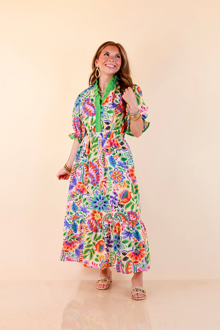 Gracefully Yours Floral and Paisley Print Midi Dress with Contrast Ruffle Trim in Ivory