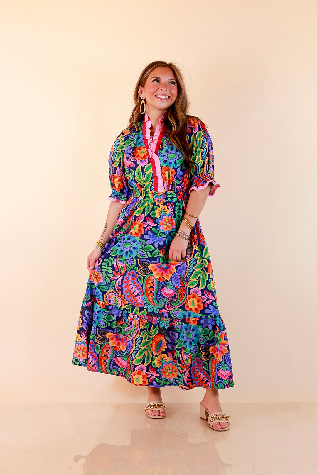 Gracefully Yours Floral and Paisley Print Midi Dress with Contrast Ruffle Trim in Navy Blue