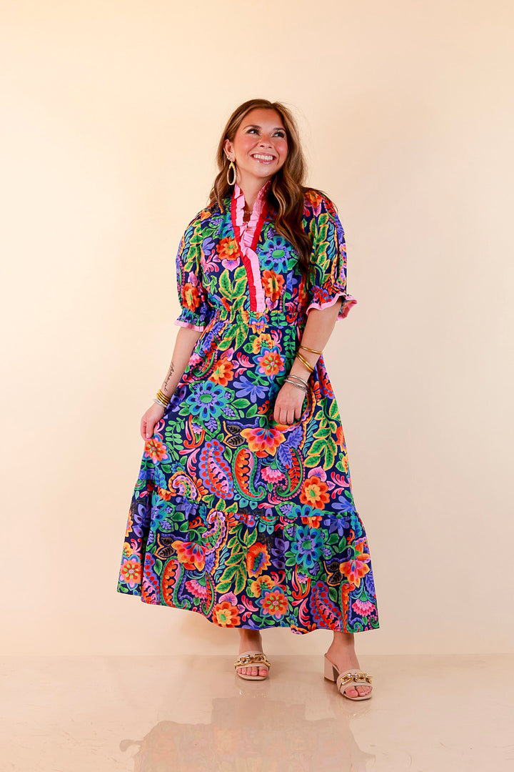Gracefully Yours Floral and Paisley Print Midi Dress with Contrast Ruffle Trim in Navy Blue