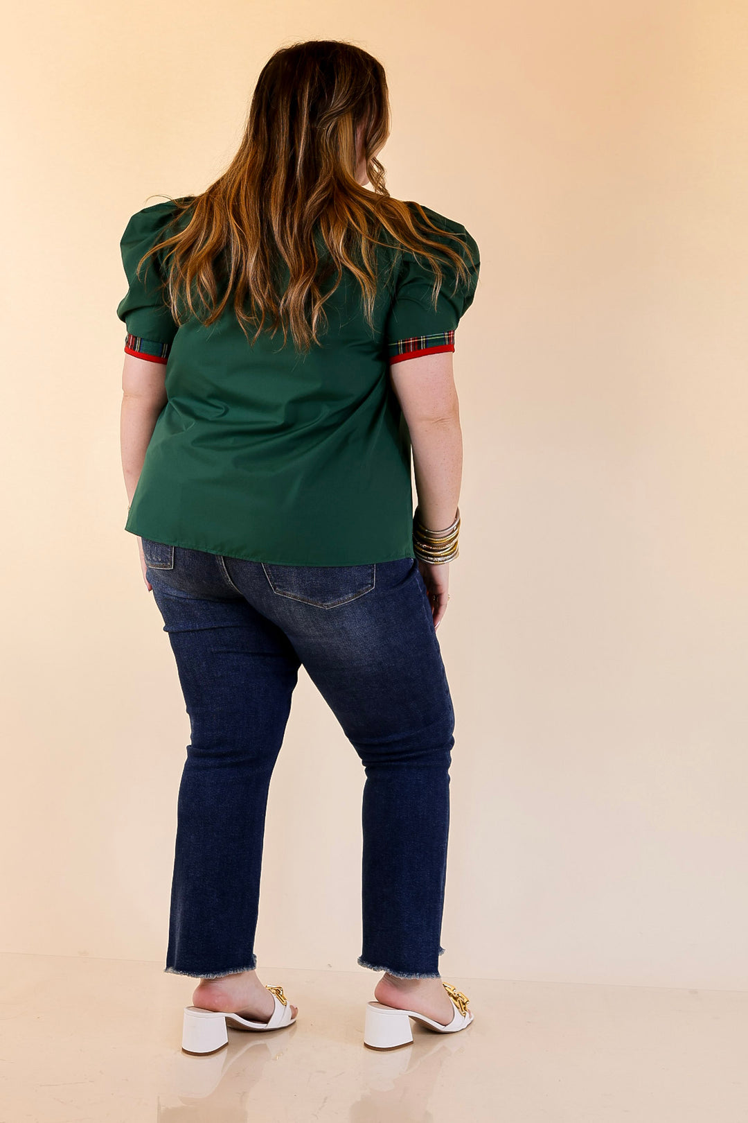 Commanding Style V Neck Top with Short Balloon Sleeves and Plaid Trim in Hunter Green