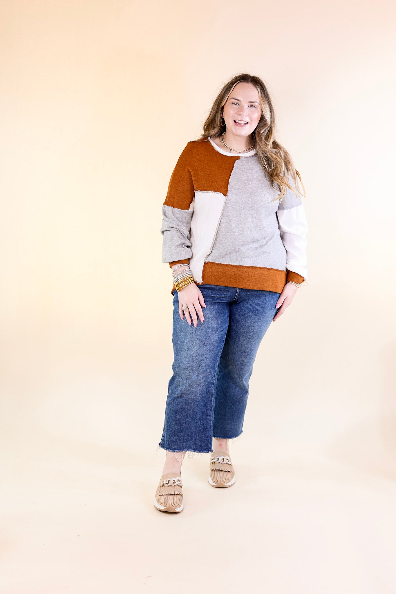 Cozy Creation Colorblock Long Sleeve Top in Rust Orange Mix