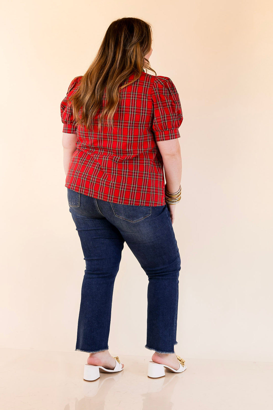 Chic Statement V Neck Plaid Top with Short Balloon Sleeves and Green Trim in Red