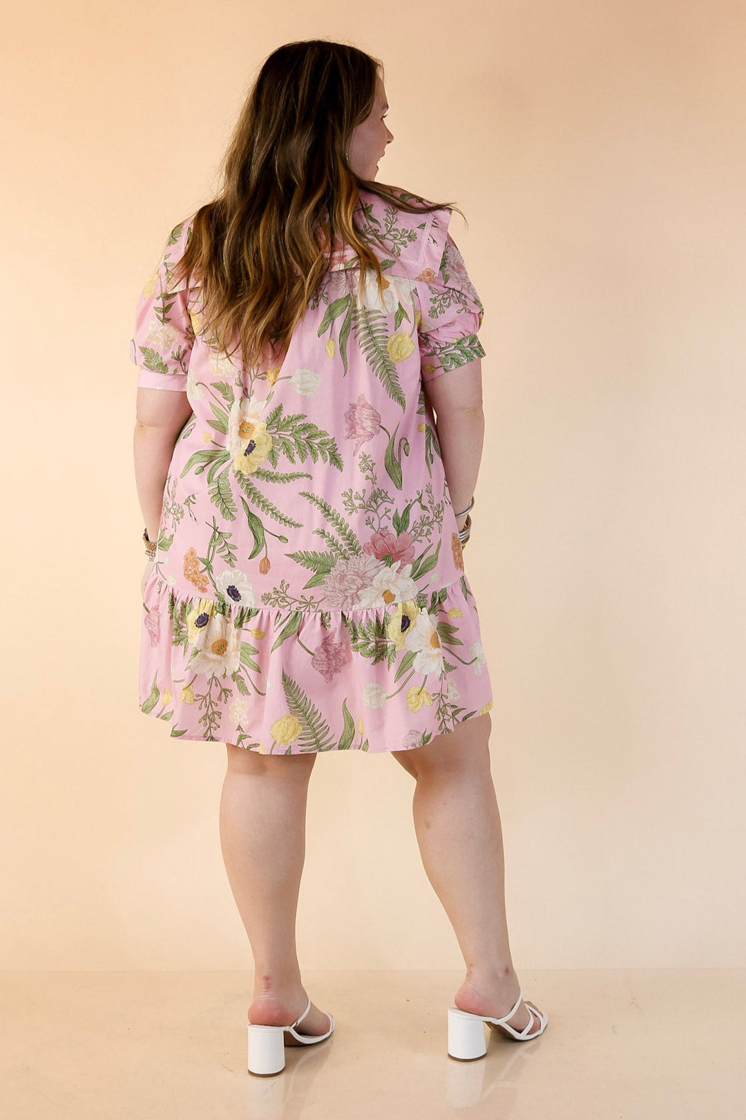 Call Me Charming Button Up Floral Print Dress with Peter Pan Collar in Light Pink