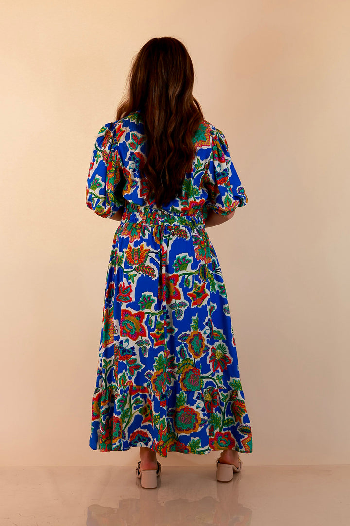 Color Me Happy Floral Print Midi Dress with Tie Neckline and Puff Sleeves in Royal Blue