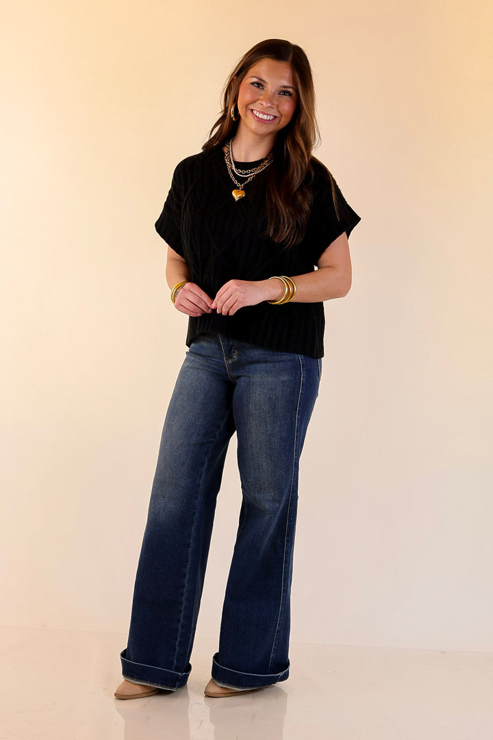 Knit to Last Cable Knit Short Sleeve Sweater Top in Black