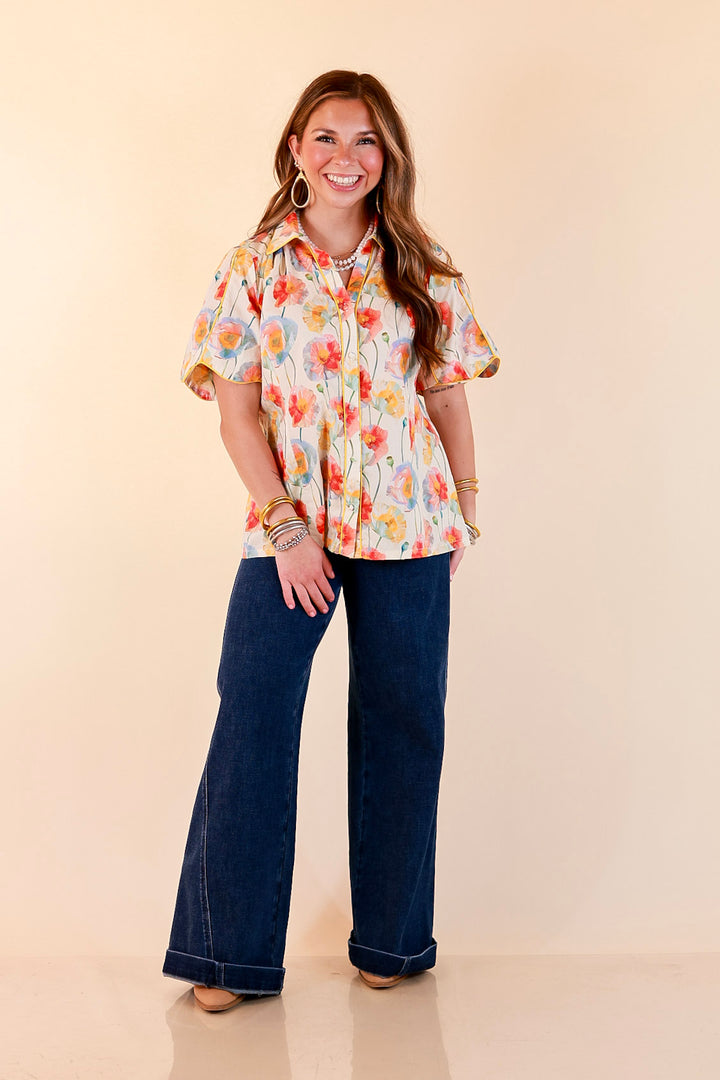 Petals and Plans Poppy Floral Print Button Up Collar Blouse in Cream