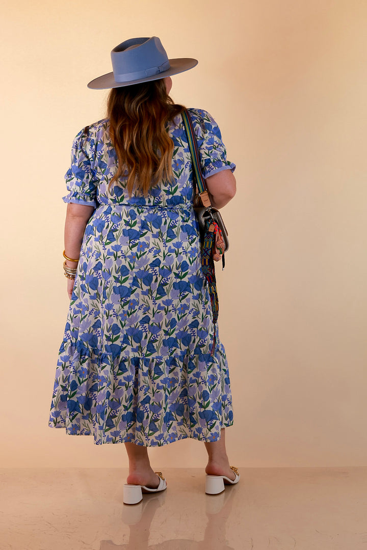 Gracefully Yours Floral Print Midi Dress with Contrast Ruffle Trim in Blue