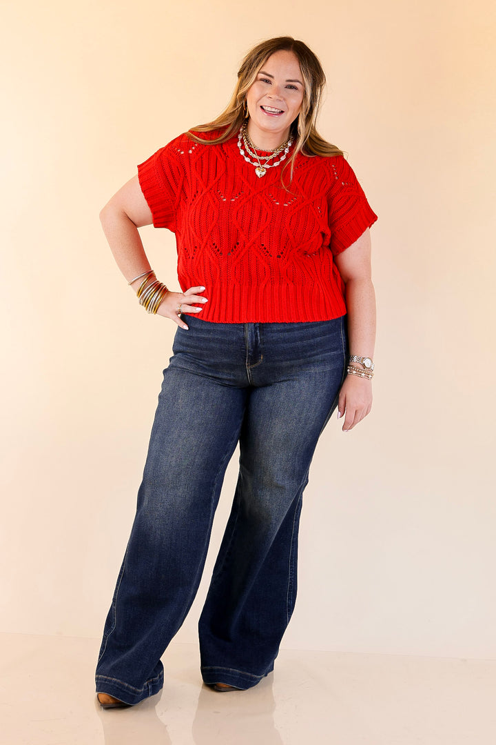 Knit to Last Cable Knit Short Sleeve Sweater Top in Red