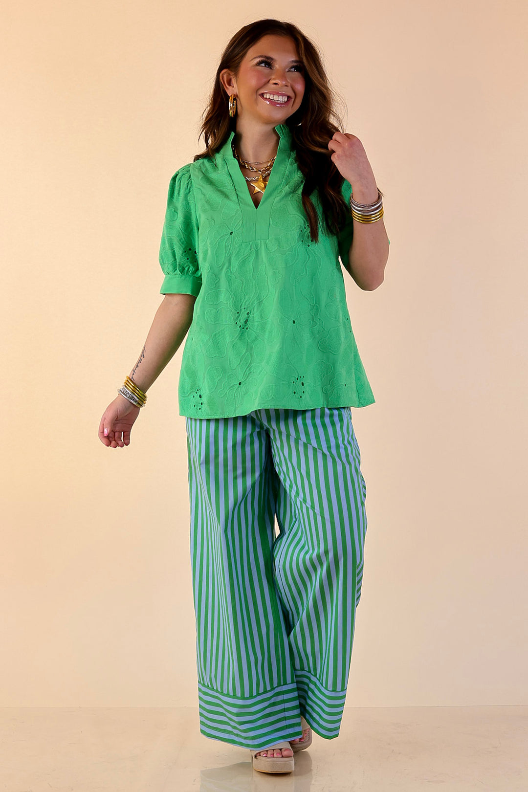 Graceful Impression Textured Floral Puff Sleeve Top with Split Neckline in Kelly Green