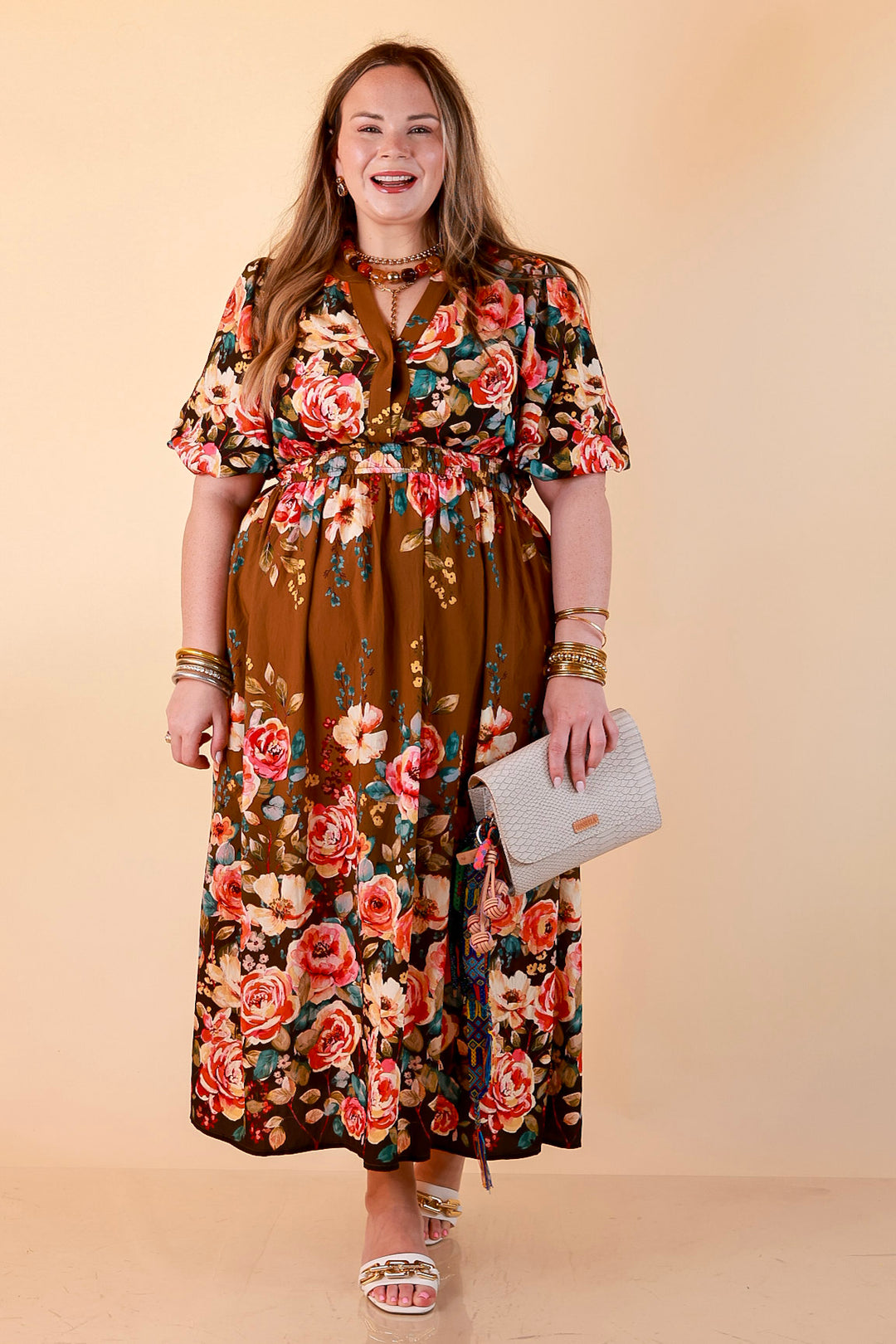 Brunch with the Girls Puff Sleeve Smocked Waist Floral Print Tiered Midi Dress in Chocolate Brown Multi