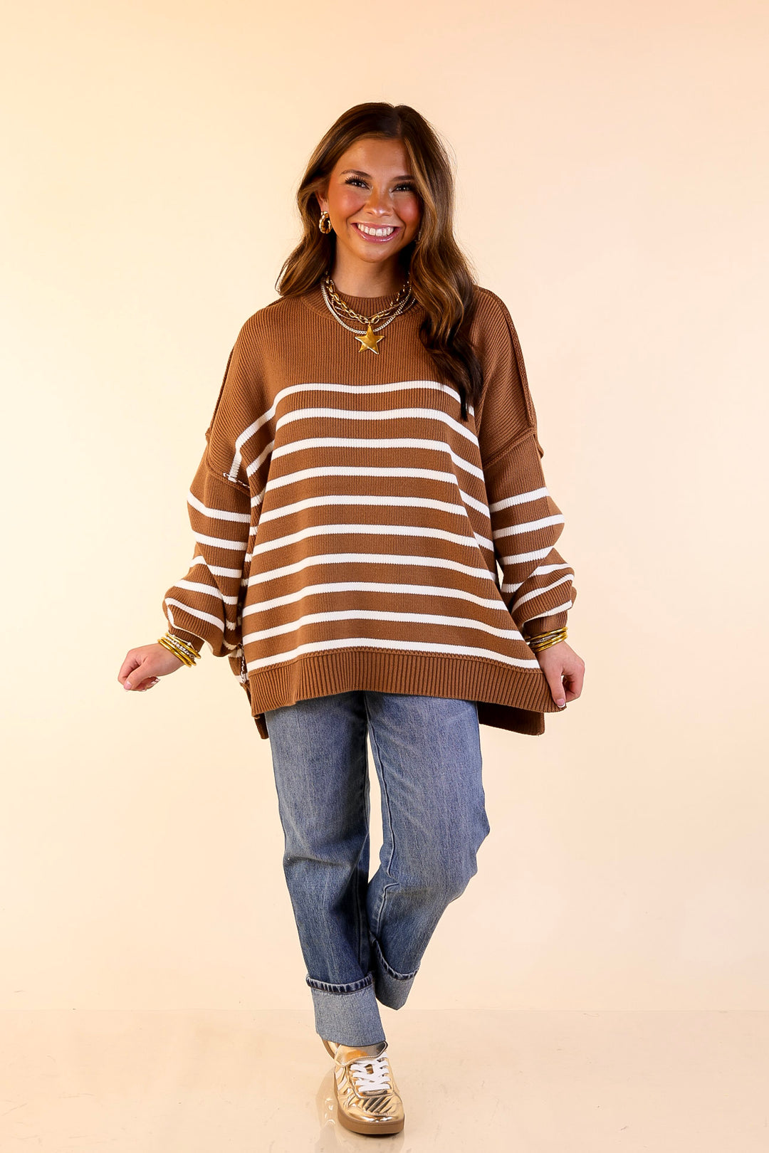 Snug and Stylish Mock Neck Striped Sweater with Side Slit in Camel Brown with Ivory Stripes