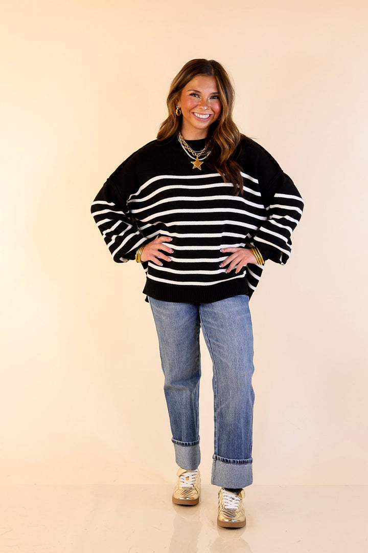 Snug and Stylish Mock Neck Striped Sweater with Side Slit in Black with Ivory Stripes