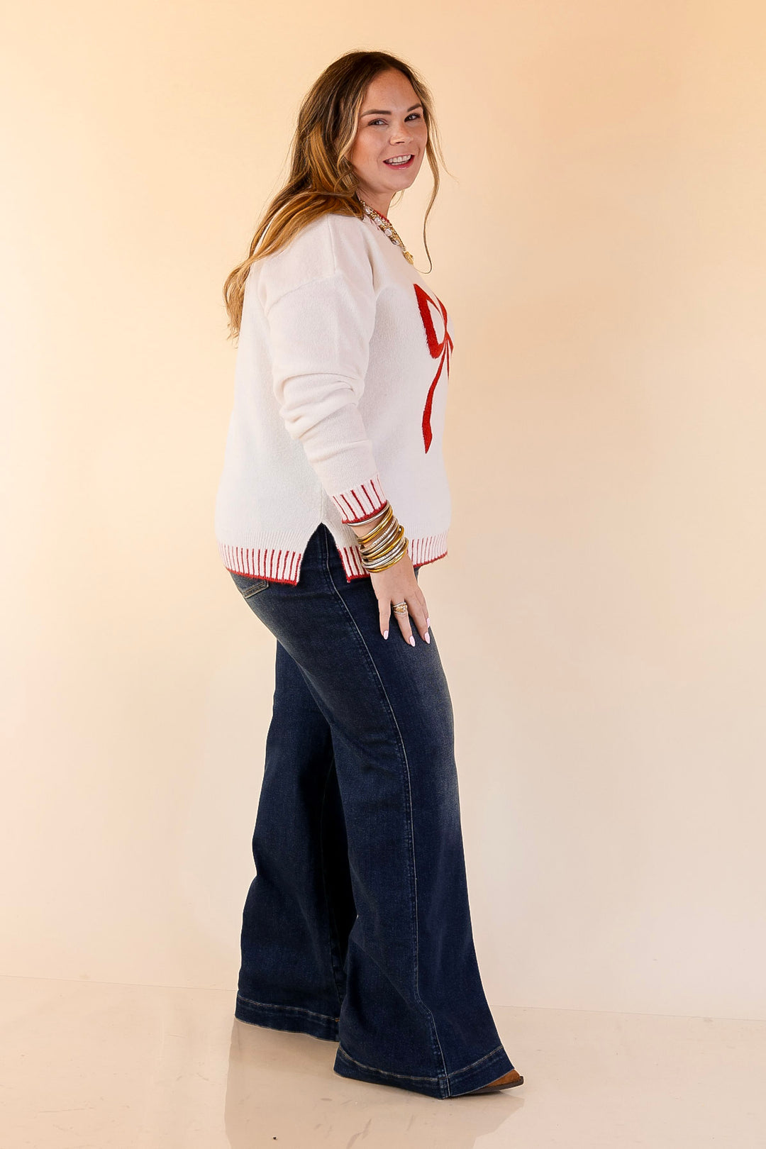 Mud Pie | Wilder Red Bow Mock Neck Sweater in Ivory