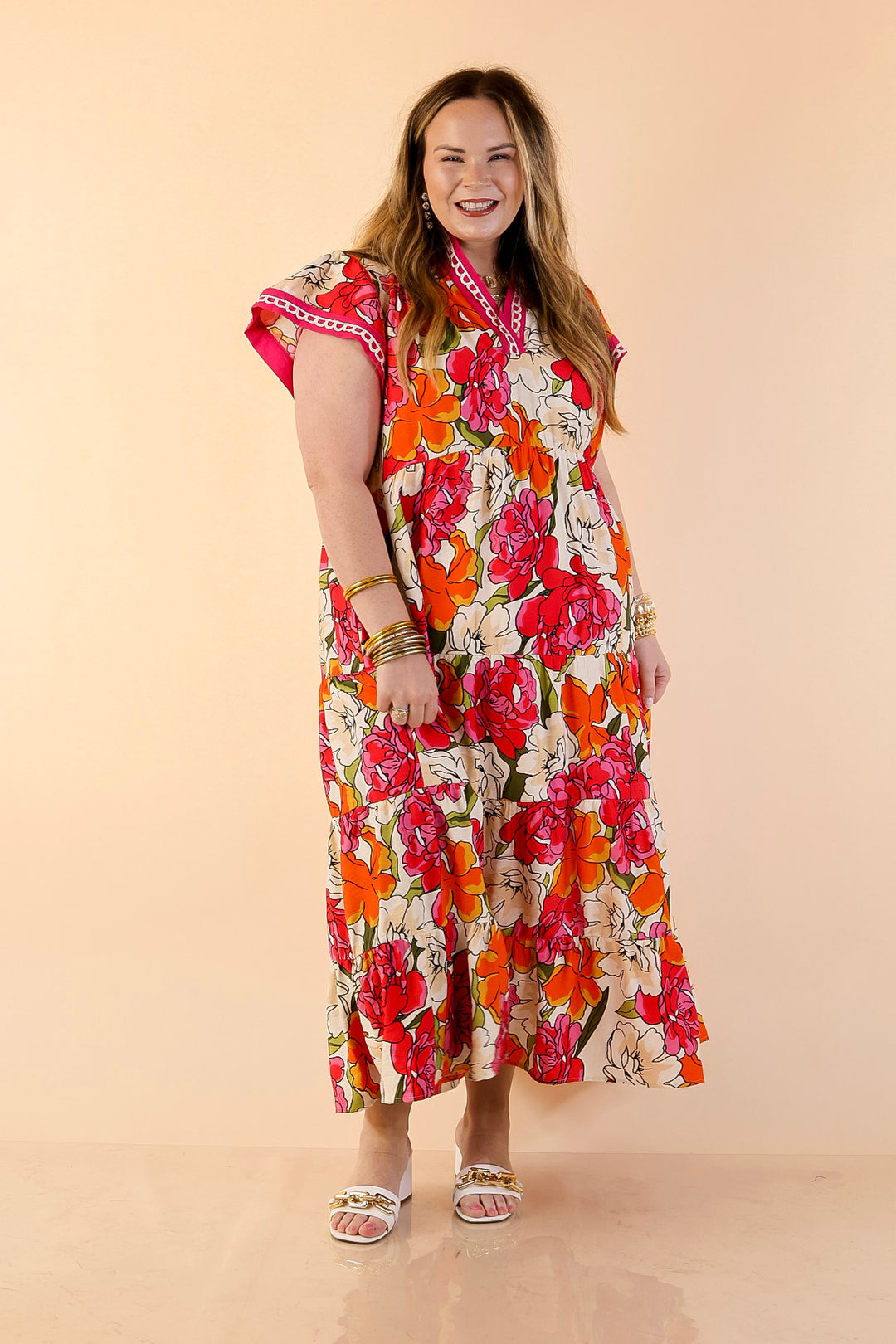 Spring Symphony Floral Print Tiered Midi Dress with Flutter Sleeves in Pink and Orange