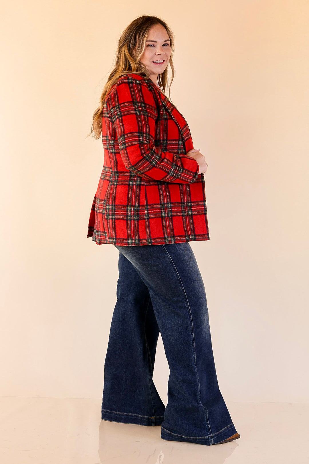 Season to Shine Long Sleeve Tartan Plaid Blazer in Red