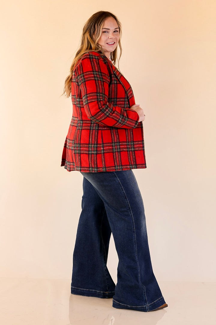 Season to Shine Long Sleeve Tartan Plaid Blazer in Red