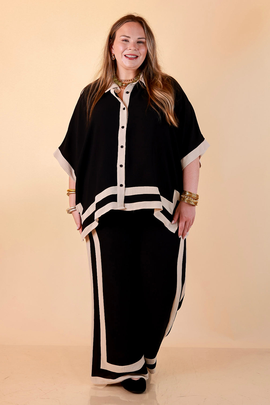First Class Chic Button Front Collared Top with Matching Wide Leg Pants Set in Black and Ivory