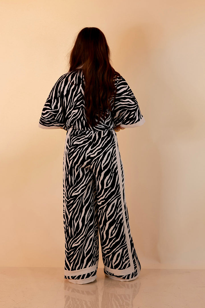 First Class Chic Button Front Collared Top with Matching Wide Leg Pants Set in Black and Ivory Zebra Print