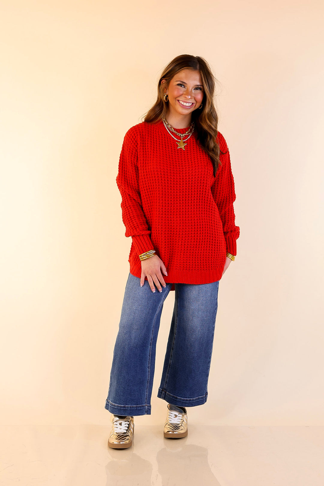 Cool Day Classic Scoop Neck Long Sleeve Large Waffle Knit Sweater in Red
