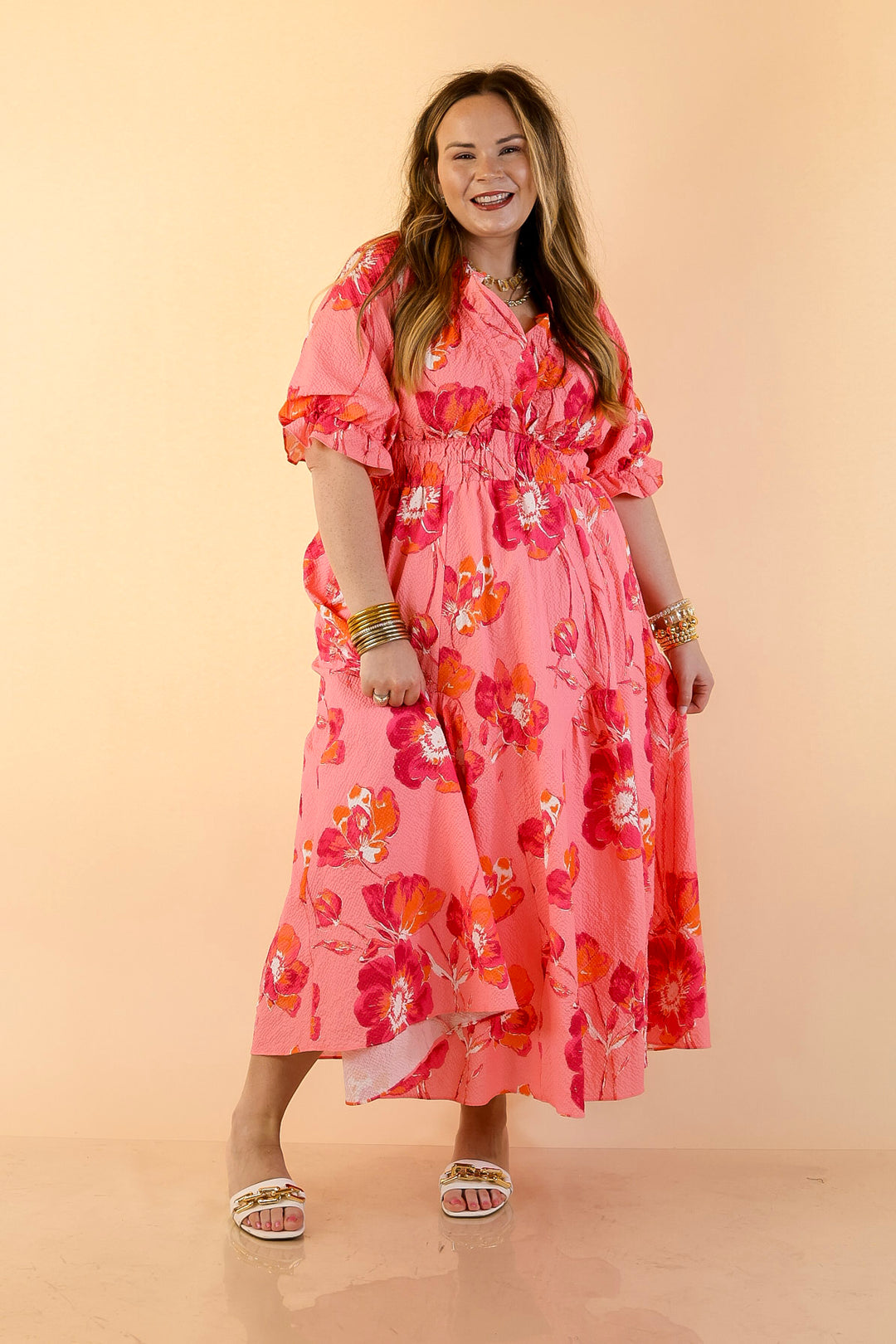 Breezy Belle Floral Print Textured Puff Sleeve Midi Dress with Smocked Waist in Pink Mix