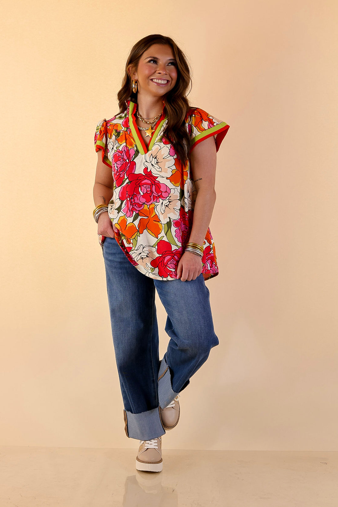 Spring Symphony Floral Print Flutter Sleeve Top with Contrast Trim Split Neckline in Pink and Orange