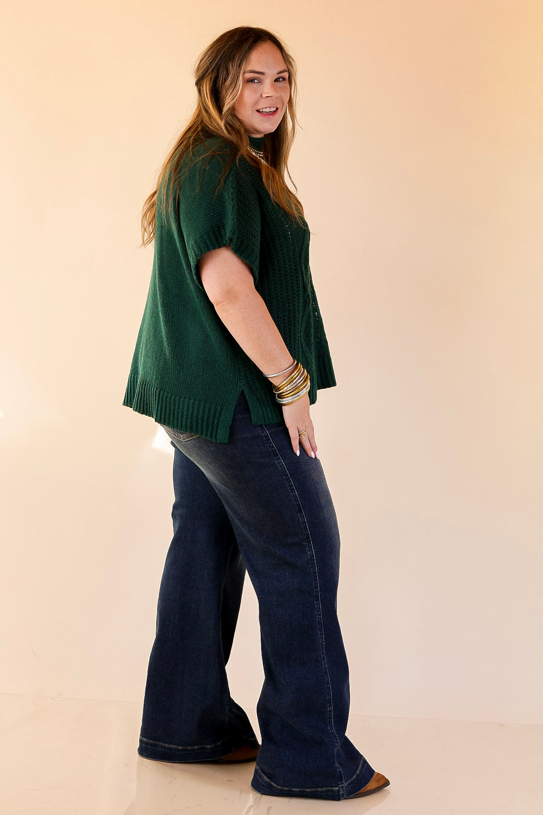 Mud Pie | Claude Oversized Cable Knit Dropped Shoulder Sweater in Forest Green